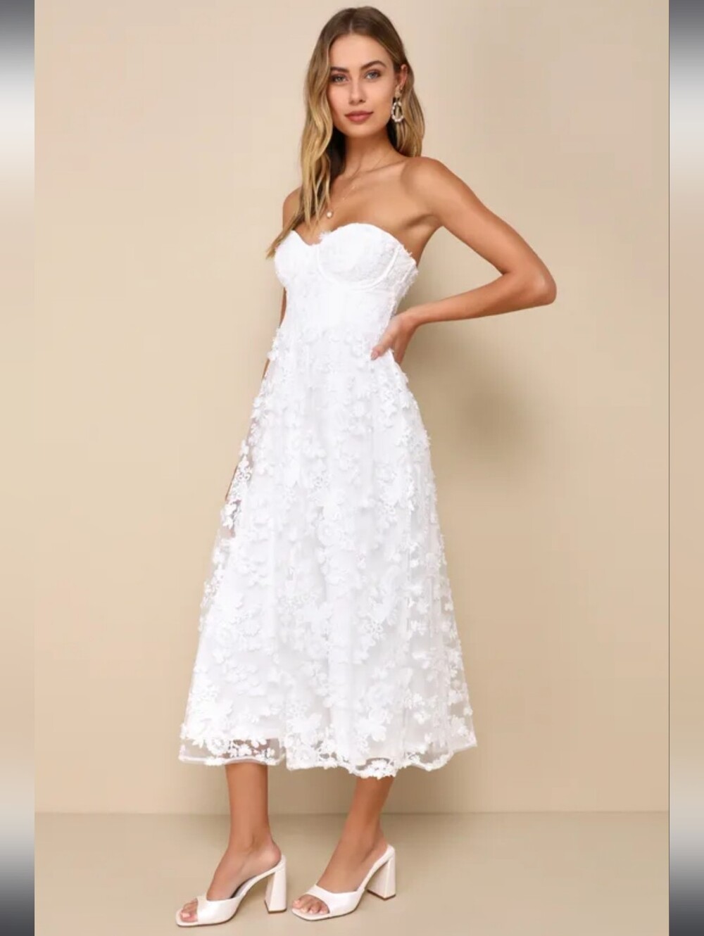 Lulu's Quite Perfect White Floral Embroidered Strapless Midi Dress